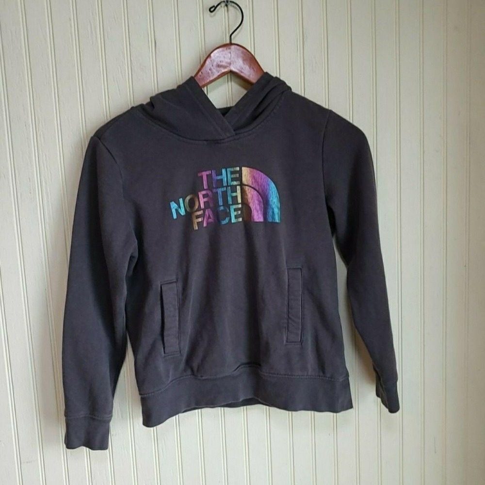 The North Face Hoodie Girls 10/12 Gray Rainbow Logo Pullover Fleece Sweatshirt